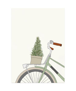 Kerstkaart van Letters en Lijnen met een illustratie van een fiets met een kerstboompje voorop